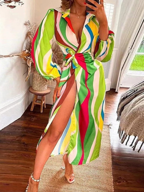 Wrap Lantern Sleeve Dress with Striped Print and Lapel Collar Maxi Dresses MyDresses Pattern 2 8 | S 