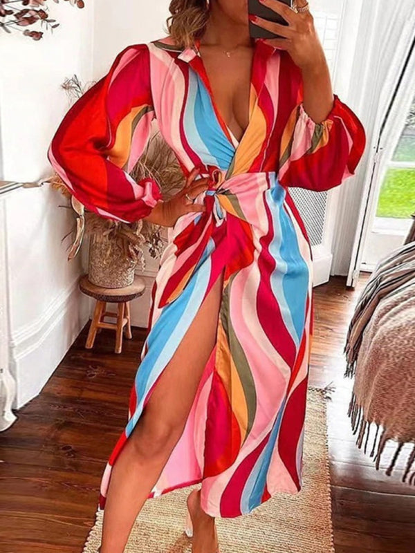 Wrap Lantern Sleeve Dress with Striped Print and Lapel Collar Maxi Dresses MyDresses Pattern 3 8 | S 