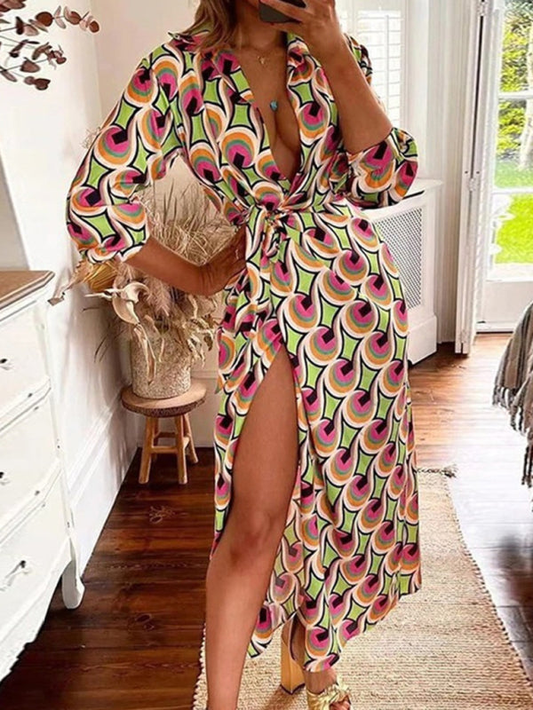 Wrap Lantern Sleeve Dress with Striped Print and Lapel Collar Maxi Dresses MyDresses Pattern 7 8 | S 