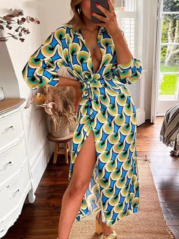 Wrap Lantern Sleeve Dress with Striped Print and Lapel Collar Maxi Dresses MyDresses Pattern 6 8 | S 