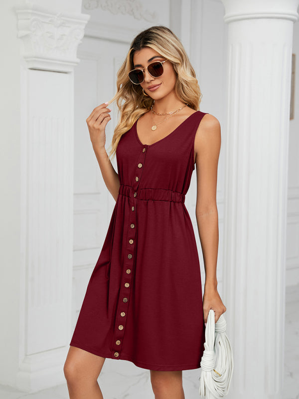Sleeveless Button-Down Dress with Pockets and Elastic Waist Midi Dresses MyDresses 