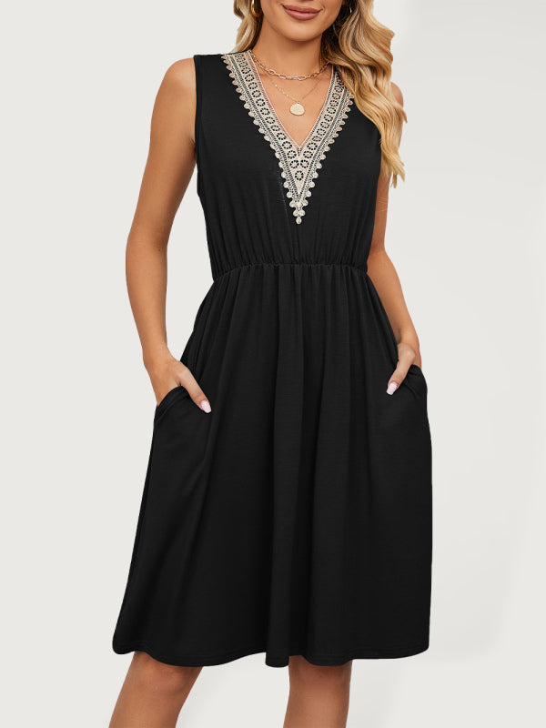 Lace V-Neck Sleeveless Midi Dress with Pockets Midi Dresses MyDresses Black 8 | S 