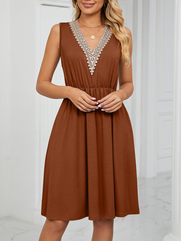 Lace V-Neck Sleeveless Midi Dress with Pockets Midi Dresses MyDresses 