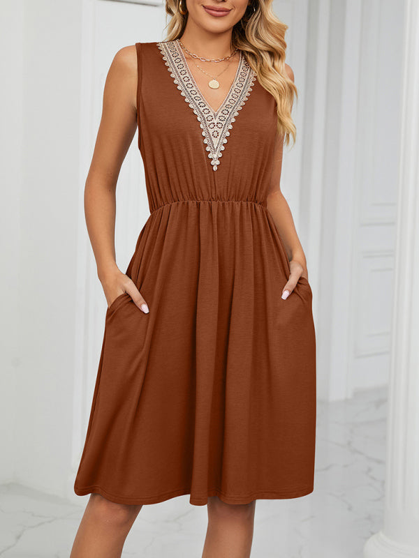 Lace V-Neck Sleeveless Midi Dress with Pockets Midi Dresses MyDresses 