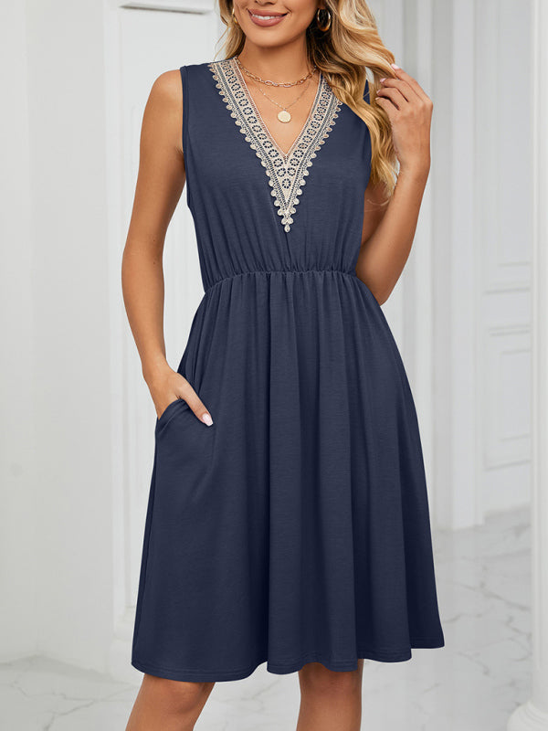 Lace V-Neck Sleeveless Midi Dress with Pockets Midi Dresses MyDresses Dark Blue 8 | S 