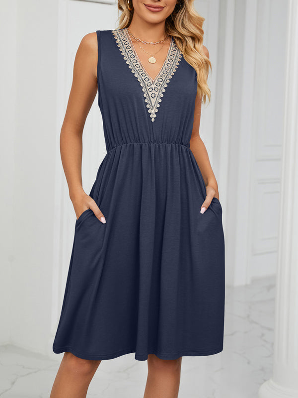 Lace V-Neck Sleeveless Midi Dress with Pockets Midi Dresses MyDresses 
