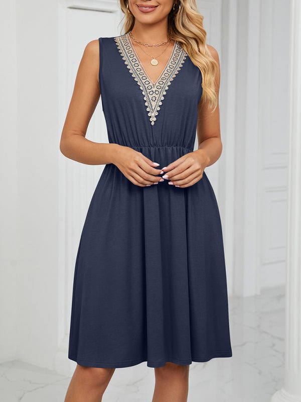 Lace V-Neck Sleeveless Midi Dress with Pockets Midi Dresses MyDresses 