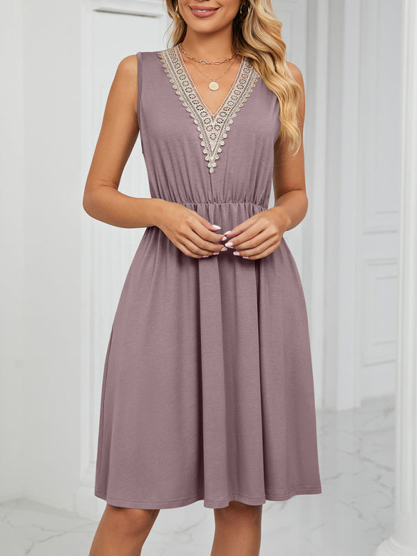 Lace V-Neck Sleeveless Midi Dress with Pockets Midi Dresses MyDresses 