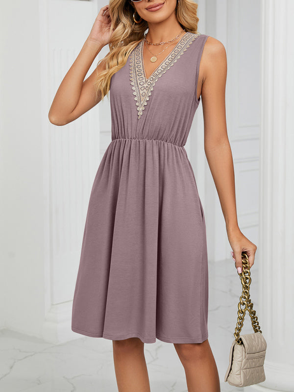 Lace V-Neck Sleeveless Midi Dress with Pockets Midi Dresses MyDresses 