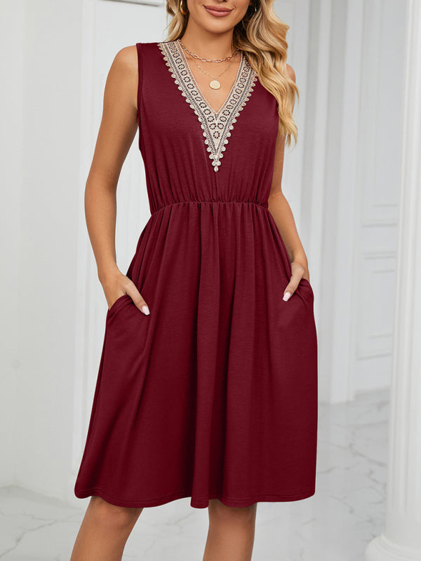 Lace V-Neck Sleeveless Midi Dress with Pockets Midi Dresses MyDresses 