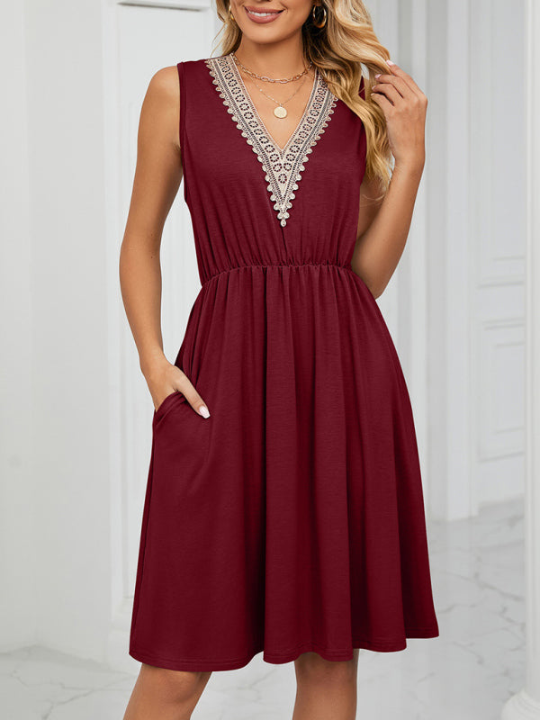 Lace V-Neck Sleeveless Midi Dress with Pockets Midi Dresses MyDresses 