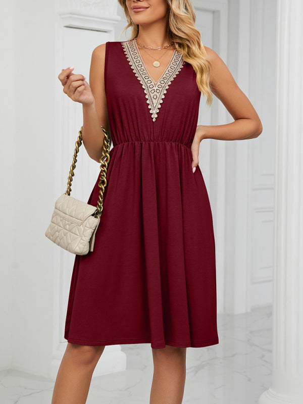 Lace V-Neck Sleeveless Midi Dress with Pockets Midi Dresses MyDresses 
