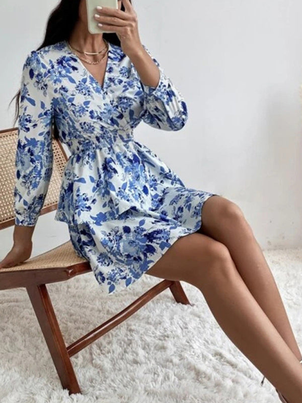 Floral Print V Neck Dress with Smocked Waist and Ruffled Hem Mini Dresses MyDresses 
