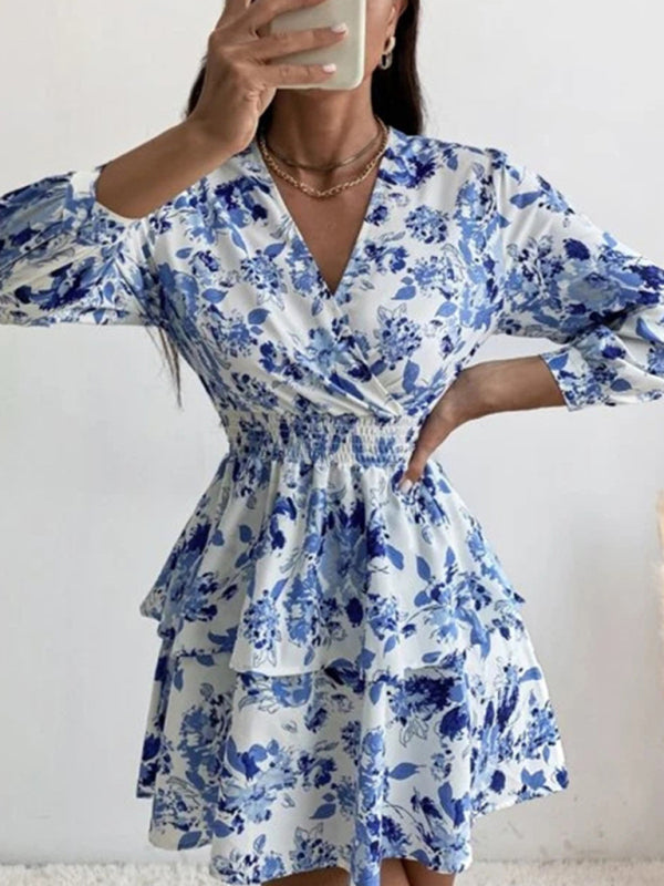 Floral Print V Neck Dress with Smocked Waist and Ruffled Hem Mini Dresses MyDresses Blue 8 | S 