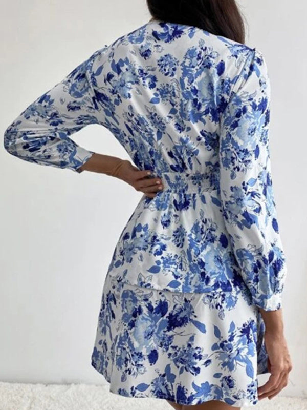 Floral Print V Neck Dress with Smocked Waist and Ruffled Hem Mini Dresses MyDresses 