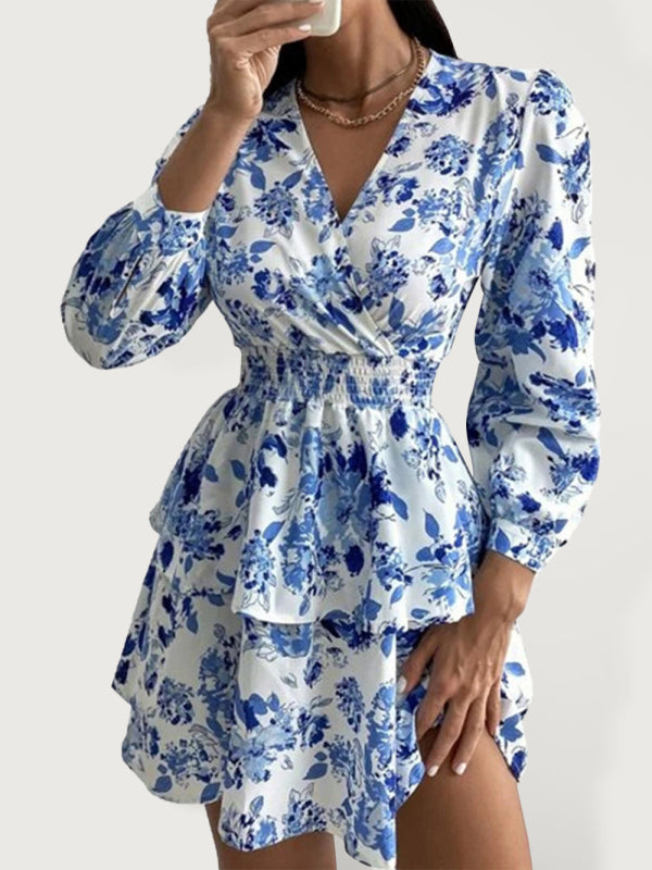 Floral Print V Neck Dress with Smocked Waist and Ruffled Hem Mini Dresses MyDresses 