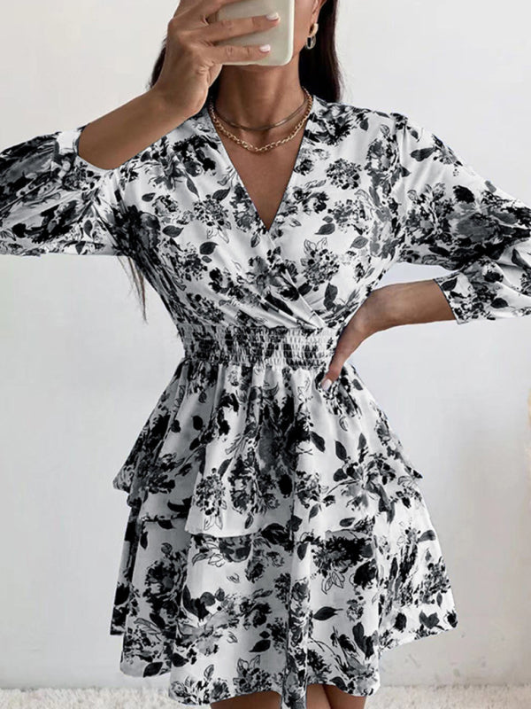 Floral Print V Neck Dress with Smocked Waist and Ruffled Hem Mini Dresses MyDresses Black 8 | S 