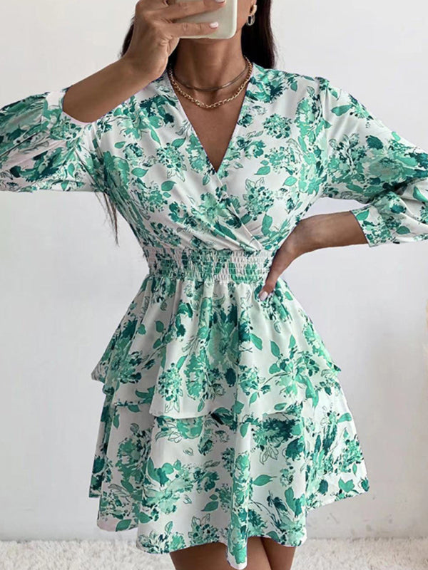 Floral Print V Neck Dress with Smocked Waist and Ruffled Hem Mini Dresses MyDresses Green 8 | S 