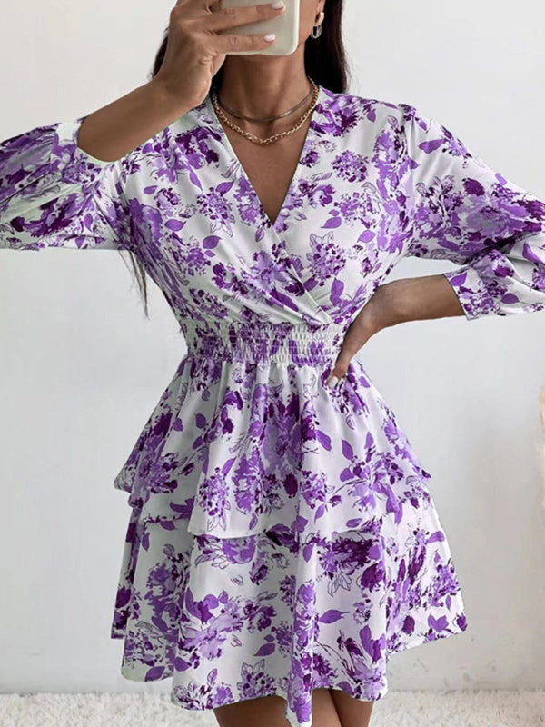 Floral Print V Neck Dress with Smocked Waist and Ruffled Hem Mini Dresses MyDresses Purple 8 | S 