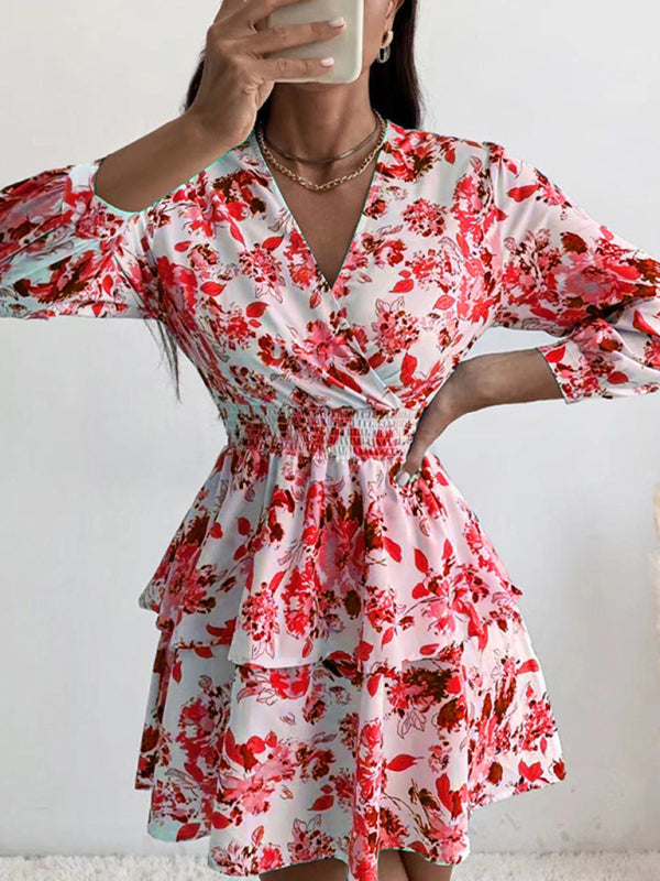 Floral Print V Neck Dress with Smocked Waist and Ruffled Hem Mini Dresses MyDresses Red 8 | S 