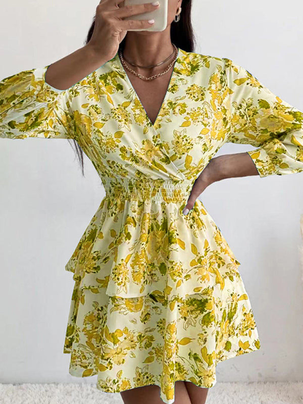Floral Print V Neck Dress with Smocked Waist and Ruffled Hem Mini Dresses MyDresses Yellow 8 | S 