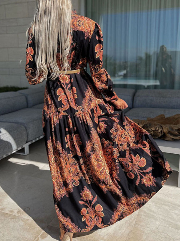 Paisley Print Maxi Dress with Button-Down Front and High Slit Maxi Dresses MyDresses 