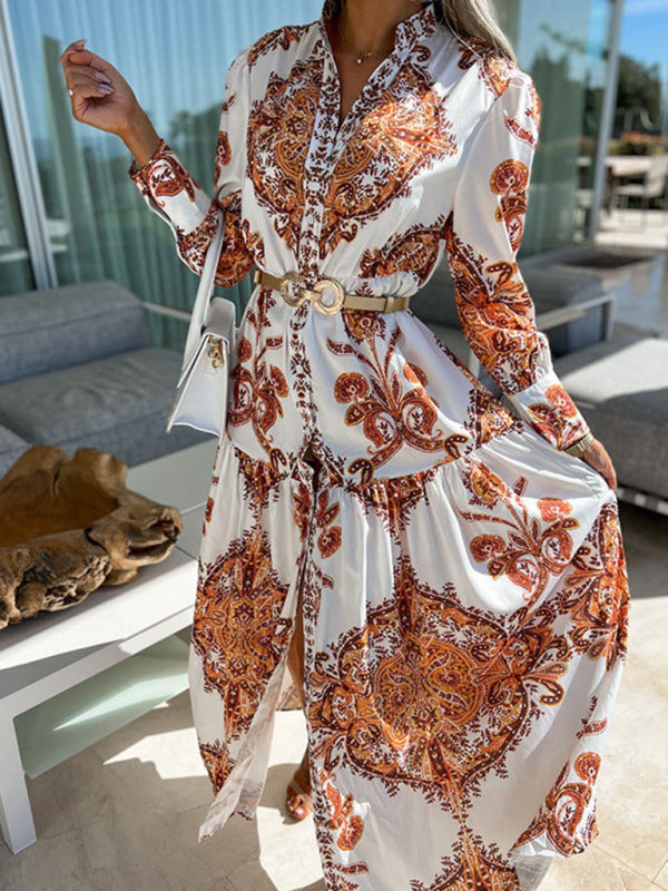 Paisley Print Maxi Dress with Button-Down Front and High Slit Maxi Dresses MyDresses 