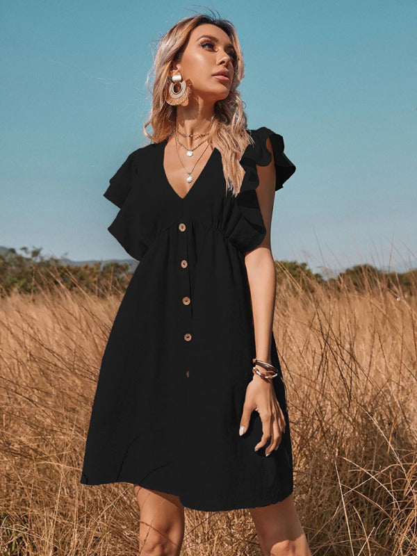 V-Neck Mini Dress with Button-Up Front and Flying Sleeves Mini Dresses MyDresses 