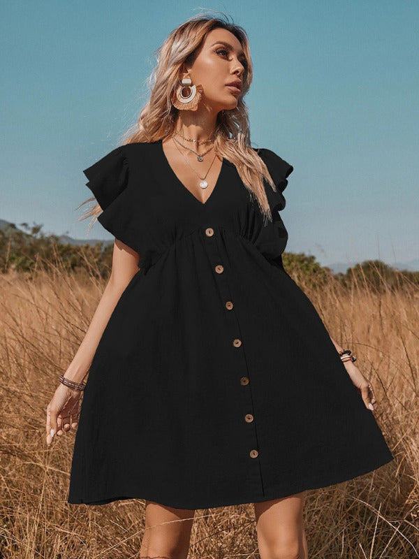 V-Neck Mini Dress with Button-Up Front and Flying Sleeves Mini Dresses MyDresses 