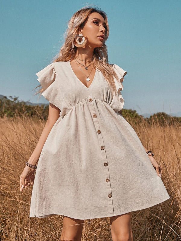 V-Neck Mini Dress with Button-Up Front and Flying Sleeves Mini Dresses MyDresses 