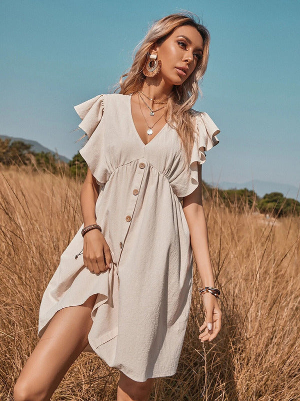 V-Neck Mini Dress with Button-Up Front and Flying Sleeves Mini Dresses MyDresses 