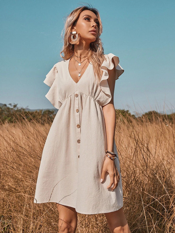 V-Neck Mini Dress with Button-Up Front and Flying Sleeves Mini Dresses MyDresses 