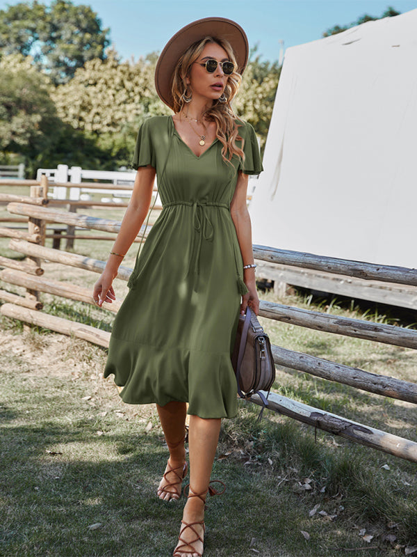 V-neck A-line Dress with Cinched Waist and Ruffled Hem Maxi Dresses MyDresses