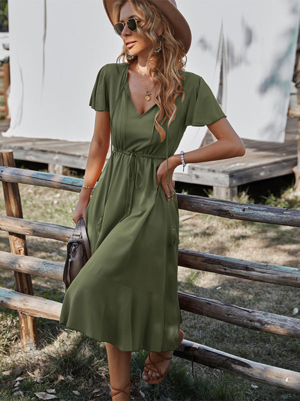 V-neck A-line Dress with Cinched Waist and Ruffled Hem Maxi Dresses MyDresses Green 8 | S