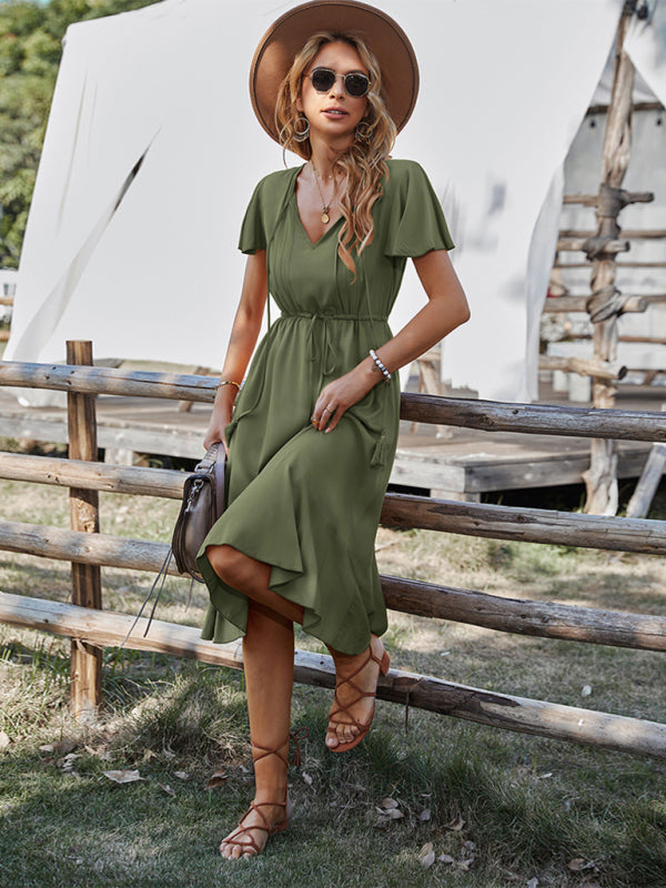 V-neck A-line Dress with Cinched Waist and Ruffled Hem Maxi Dresses MyDresses