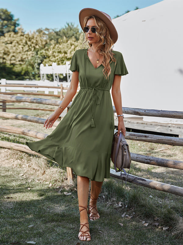 V-neck A-line Dress with Cinched Waist and Ruffled Hem Maxi Dresses MyDresses
