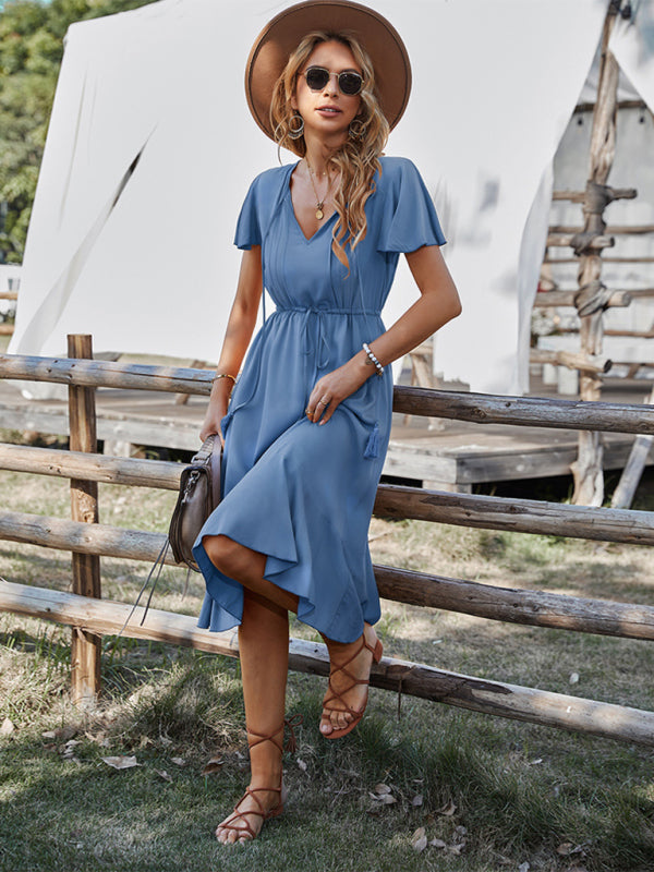 V-neck A-line Dress with Cinched Waist and Ruffled Hem Maxi Dresses MyDresses