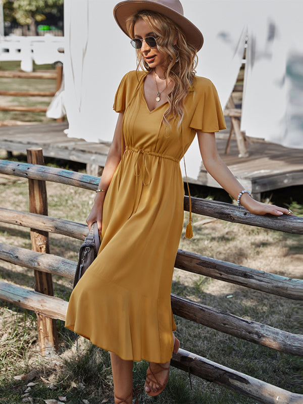 V-neck A-line Dress with Cinched Waist and Ruffled Hem Maxi Dresses MyDresses