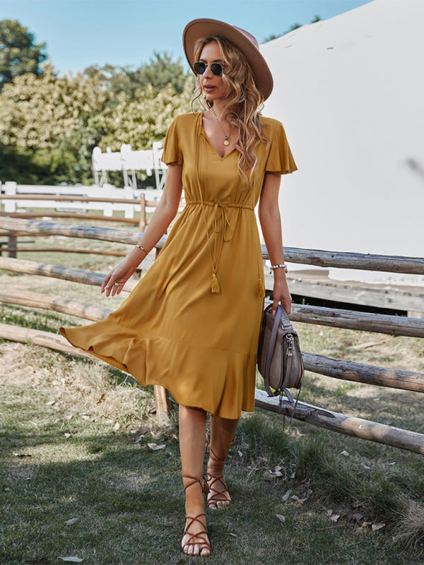 V-neck A-line Dress with Cinched Waist and Ruffled Hem Maxi Dresses MyDresses