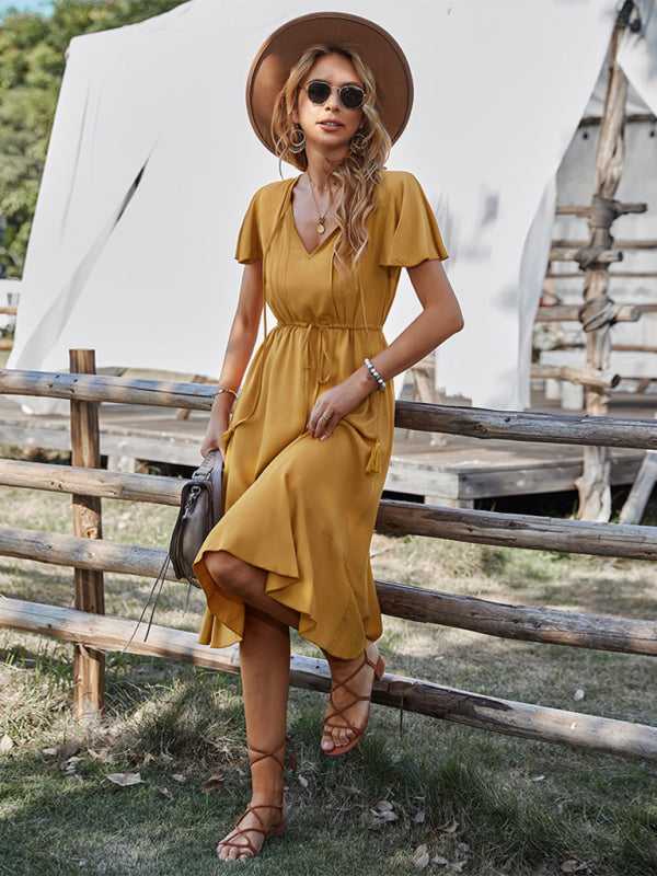 V-neck A-line Dress with Cinched Waist and Ruffled Hem Maxi Dresses MyDresses