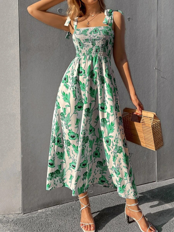 Floral Print Maxi Dress with Smocked Bodice and Tie-Up Straps Maxi Dresses MyDresses 