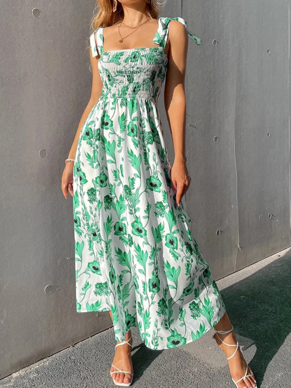 Floral Print Maxi Dress with Smocked Bodice and Tie-Up Straps Maxi Dresses MyDresses Light Green 8 | S 