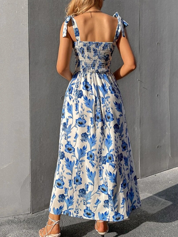 Floral Print Maxi Dress with Smocked Bodice and Tie-Up Straps Maxi Dresses MyDresses 