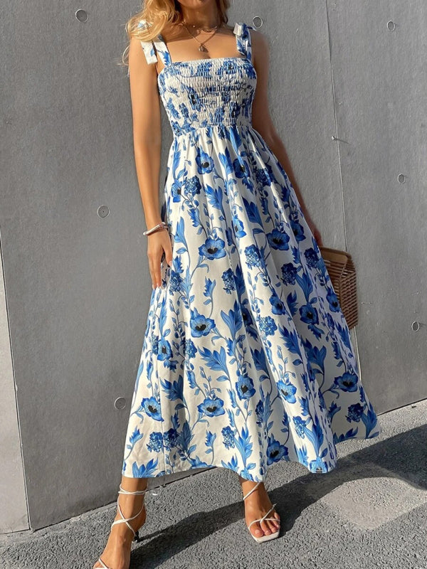 Floral Print Maxi Dress with Smocked Bodice and Tie-Up Straps Maxi Dresses MyDresses 