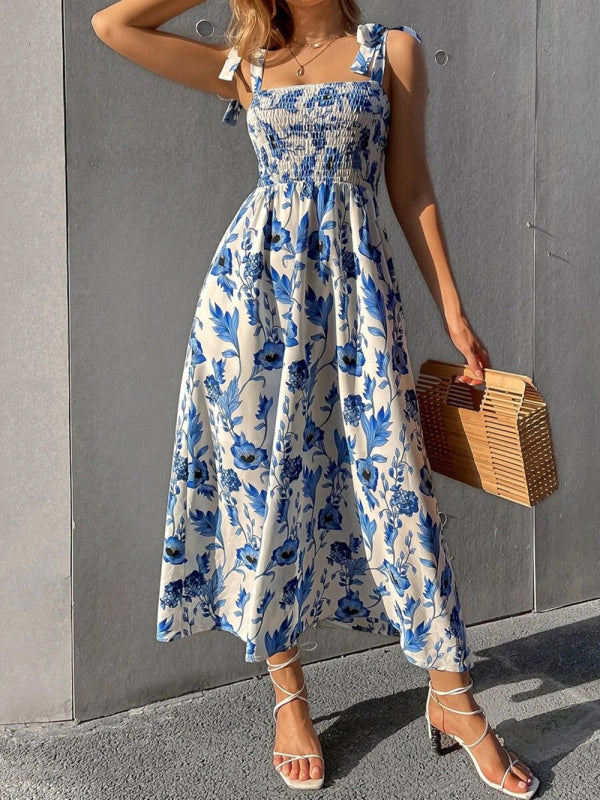 Floral Print Maxi Dress with Smocked Bodice and Tie-Up Straps Maxi Dresses MyDresses 