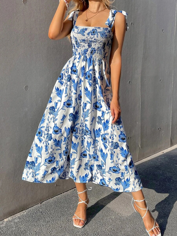 Floral Print Maxi Dress with Smocked Bodice and Tie-Up Straps Maxi Dresses MyDresses Light Blue 8 | S 