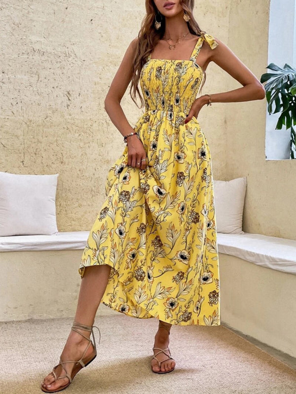 Floral Print Maxi Dress with Smocked Bodice and Tie-Up Straps Maxi Dresses MyDresses 