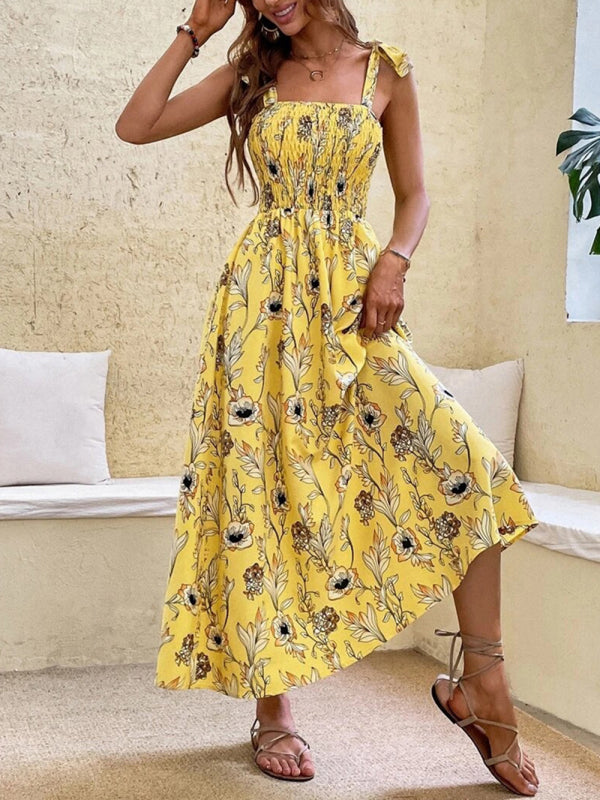 Floral Print Maxi Dress with Smocked Bodice and Tie-Up Straps Maxi Dresses MyDresses 
