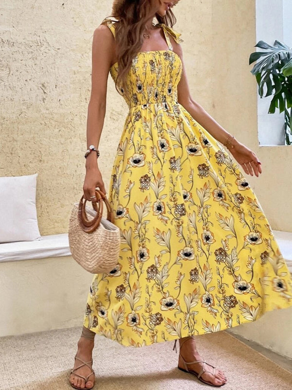 Floral Print Maxi Dress with Smocked Bodice and Tie-Up Straps Maxi Dresses MyDresses 
