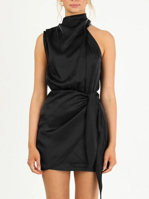 Halter Neck Mini Dress with Draped Front and Tie Waist Mini Dresses MyDresses Black 8 | S 